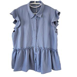 Women's Light Blue Ruffle Sleeve Button-Up Blouse
